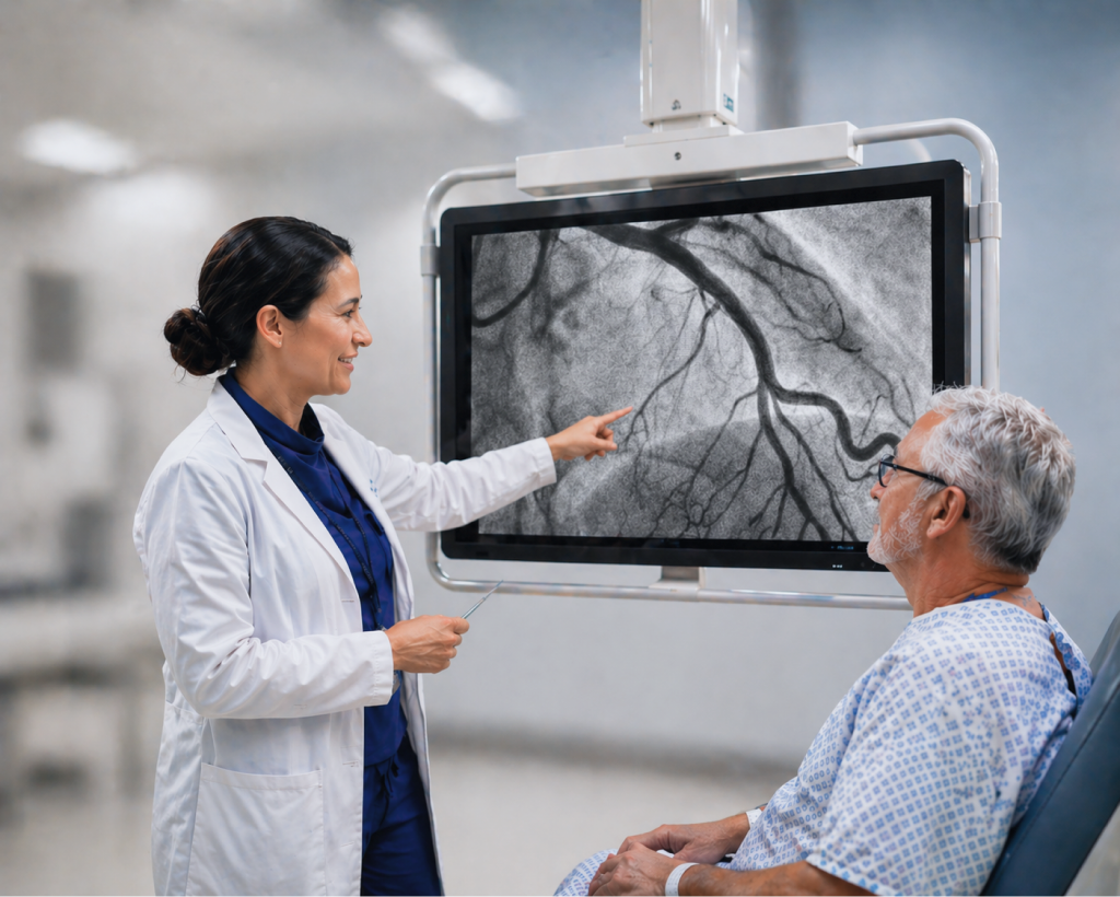 Doctor pointing at cardiac angiogram with patient